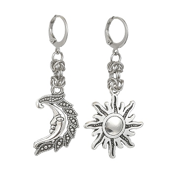 Tibetan Style Alloy Dangle Leverback Earrings, Moon and Sun Asymmetrical Earrings, Antique Silver, 53~54x17~24x5mm