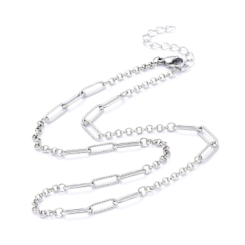 Chain Necklaces, with Brass Rolo Chains, 304 Stainless Steel Paperclip Chains and Lobster Claw Clasps, Stainless Steel Color, 17.32 inch(44cm)