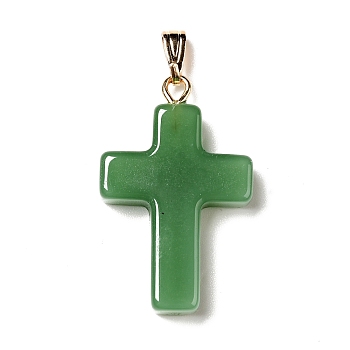 Glass Pendants, with Golden Plated Iron Findings, Cross, Green, 28.5x18x4.5mm, Hole: 5.5x3mm