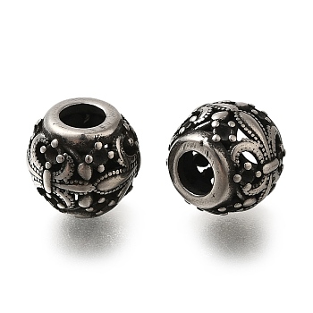 304 Stainless Steel European Beads, Large Hole Beads, Rondelle with Fleur De Lis, Antique Silver, 10x9mm, Hole: 4mm