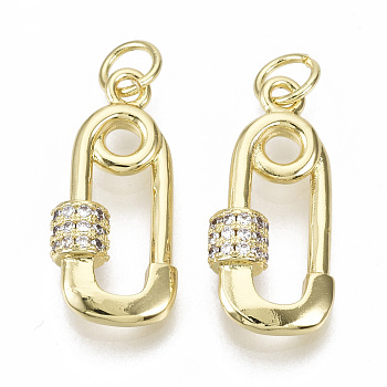 Brass Micro Pave Clear Cubic Zirconia Pendants, with Jump Rings, Safety Pin Shape, Nickel Free, Real 18K Gold Plated, 20x9x4mm, Jump Rings: 5x1mm, Inner Diameter: 3mm