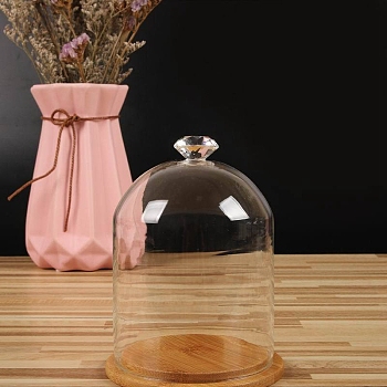 Clear Glass Dome Cover, Decorative Display Case, Cloche Bell Jar Terrarium with Bamboo Base, Diamond Pattern, 90x130mm