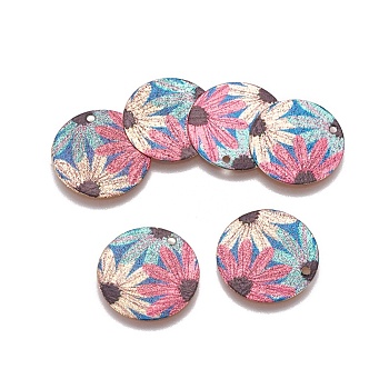 Printed Iron Pendants, Flat Round, Light Gold, Colorful, 20x0.5mm, Hole: 1.6mm
