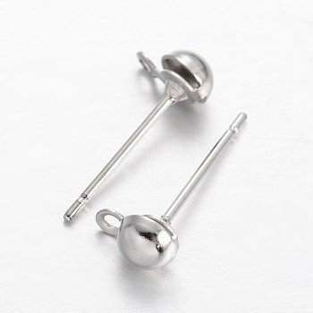 Brass Stud Earring Findings, with Loop, Platinum, 6.5x4mm, Hole: 1mm, Pin: 0.8mm