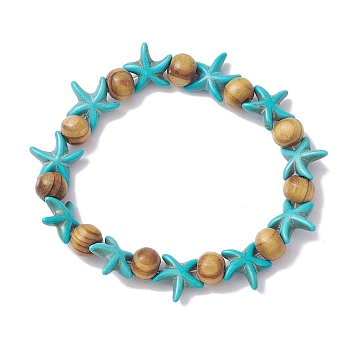 Beach Starfish Dye Synthetic Turquoise Beaded Stretch Barcelets, Summer Wood Beaded Stretch Bracelets for Women, Turquoise, Inner Diameter: 1-7/8~2 inch(4.7~5.1cm), Bead: 7x8~8.5mm, Starfish: 14x14mm