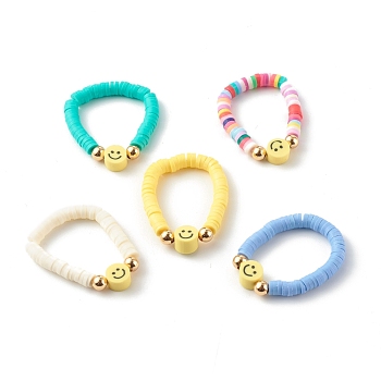 Handmade Polymer Clay Beaded Stretch Rings, with Brass Beads and Elastic Crystal Thread, Flat Round with Smile, Mixed Color, Inner Diameter: 20mm