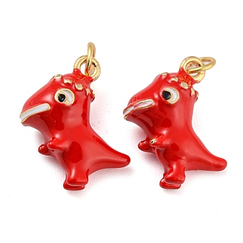 Dinosaur Rack Plating Brass Enamel Pendants, with Jump Ring, Long-Lasting Plated, Cadmium Free & Lead Free, Real 18K Gold Plated, Crimson, 17x14.5x7mm, Hole: 3.8mm