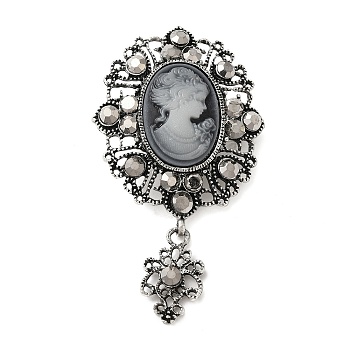 Retro Alloy Rhinestone Oval Brooch, Cameo Women Resin Pins, for Clothes Backpack, Antique Silver, 70x39mm