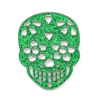 Halloween Themed Acrylic Pendants, with Glitter, Skull Charms, Green, 37~38x28~29x2mm, Hole: 4x3mm