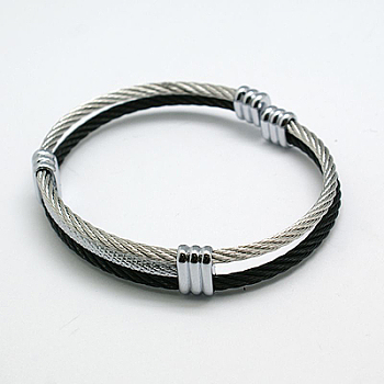 304 Stainless Steel Cuff Bangle, with Brass Heads Findings, Stainless Steel Color & Gunmetal & Platinum, 63mm