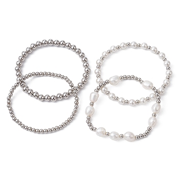 4Pcs 4 Style Natural Pearl & Brass Beaded Stretch Bracelets Set for Women, Platinum, Inner Diameter: 2-3/8 inch(6.05cm), 1Pc/style