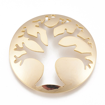 Brass Pendants, Flat Round with Tree, Nickel Free, Real 18K Gold Plated, 40x1mm, Hole: 2mm