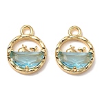 Brass Micro Pave Cubic Zirconia Charms, Cadmium Free & Nickel Free & Lead Free, Flat Round with Dolphin, Real 18K Gold Plated, Deep Sky Blue, 12.5x9.5x3mm, Hole: 1.6mm(KK-A259-27G-02)