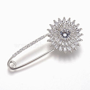 Brass Micro Pave Cubic Zirconia Safety Brooch, Flower, Clear, Platinum, 57x25.5mm, Pin: 1.5mm(JEWB-I010-10P)