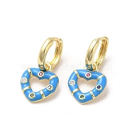 Heart Real 18K Gold Plated Brass Dangle Hoop Earrings, with Cubic Zirconia and Enamel, Dodger Blue, 21.5x11.5mm(EJEW-L268-038G-01)