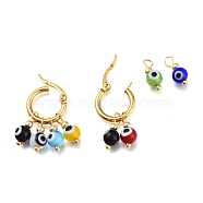 304 Stainless Steel Hoop Earrings, with Handmade Evil Eye Lampwork Round Bead & Brass Beads, Golden, Mixed Color, 30mm, Pin: 1.8x0.6mm(EJEW-JE04312)