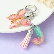 Resin & Acrylic Keychains, with Alloy Split Key Rings and Faux Suede Tassel Pendants, Letter & Butterfly, Letter J, 8.6cm(KEYC-YW00002-10)