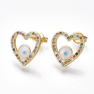 Brass Cubic Zirconia Stud Earrings, with Ear Nuts and Enamel, Heart with Eye, Golden, 13x13mm, Pin: 0.7mm(EJEW-S201-130)