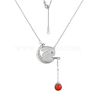 Natural Hetian White Jade Bunny with Lantern Tassel Pendant Necklace, Rhodium Plated 925 Sterling Silver Jewelry for Women, Platinum, 15.75 inch(40cm)(JN1081A)