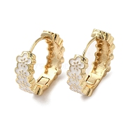 Flower Real 18K Gold Plated Brass Hoop Earrings, with Enamel, White, 19.5x6mm(EJEW-L268-017G-02)