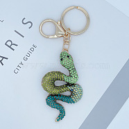 Full Rhinestone Snake Pendant Keychain, with Alloy Findings, for Car Bag Pendant , Yellow Green, 14x4.9cm(SNAK-PW0001-29B)