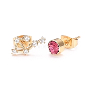 Brass Micro Pave Cubic Zirconia Stud Earrings, Asymmetrical Earrings, with 925 Sterling Silver Pins and Ear Nuts, Flat Round & Constellation/Zodiac Sign, Golden, Hot Pink, Libra, 12.5x7mm and 5mm, Pin: 0.8mm(EJEW-I253-01F)