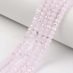 Electroplate Glass Beads Strands, Imitation Jade Beads, Half Plated, Rainbow Plated, Faceted, Rondelle, Pink, 3.5x3mm, Hole: 0.4mm, about 123~127pcs/strand, 13.7~14.1 inch(35~36cm)(EGLA-A034-J3mm-L05)