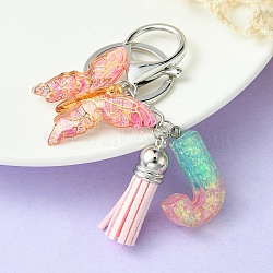 Resin & Acrylic Keychains, with Alloy Split Key Rings and Faux Suede Tassel Pendants, Letter & Butterfly, Random Gradient Color, Letter J, 8.6cm(KEYC-YW00002-10)