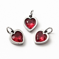 304 Stainless Steel Pendants, with Cubic Zirconia and Jump Rings, Single Stone Charms, Heart, Stainless Steel Color, Crimson, 9x8x3mm, Hole: 3.6mm(STAS-D189-06P-09)