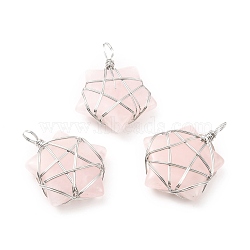 Natural Rose Quartz Pendants, with Platinum Tone Copper Wire Wrapped, Cadmium Free & Lead Free, Star, 37~41x29~31x9~11mm, Hole: 4.5~6mm(G-D458-07P-09-RS)