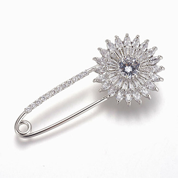 Brass Micro Pave Cubic Zirconia Safety Brooch, Flower, Clear, Platinum, 57x25.5mm, Pin: 1.5mm