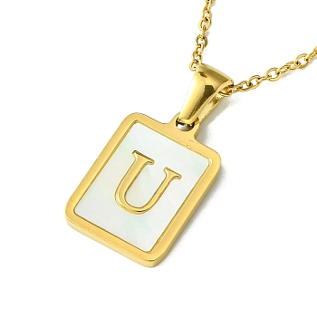 Ion Plating(IP) Rectangle with Initial Letter 304 Stainless Steel Pendant Necklace, white Shell, Real 18K Gold Plated, Letter U, 16.06 inch(40.8cm)
