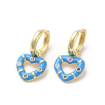 Heart Real 18K Gold Plated Brass Dangle Hoop Earrings, with Cubic Zirconia and Enamel, Dodger Blue, 21.5x11.5mm