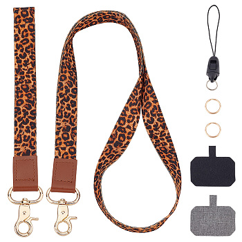 Leopard Print Pattern Adjustable Mobile Phone Lanyard, Cute Polyester Shoulder Neck Strap, Wrist Strap and 2 Phone Tether Pad, Key Rings and Detachable Mobile Phone Strap, Chocolate, 512x20x1mm