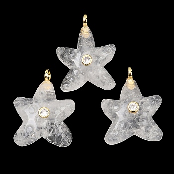 Natural Quartz Crystal Pendants, Starfish Charms with Brass Micro Pave  Clear Cubic Zirconia Findings, 27~28.5x21~21.5x8.5~9mm, Hole: 3mm