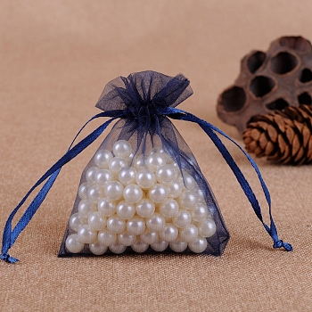 Organza Jewellery Storage Pouches, Wedding Favour Party Mesh Drawstring Gift Bags, Rectangle, Midnight Blue, 7x5cm
