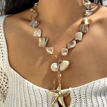 Alloy & Natural Shell Pendant Necklaces, Shell Shape & Starfish, Golden, 23.62 inch(60cm)