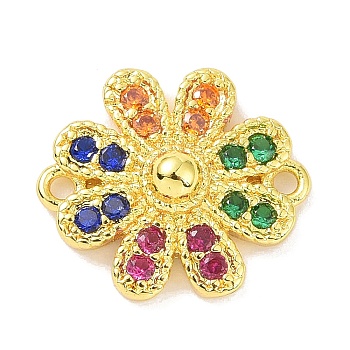Real 18K Gold Plated Brass Micro Pave Cubic Zirconia Connector Charms, Flower Links, Colorful, 12x14x3.5mm, Hole: 1.1mm