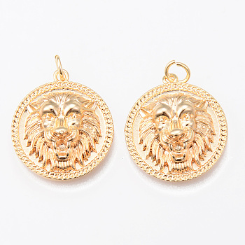Brass Pendants, Nickel Free, with Jump Ring, Flat Round with Lion Hand, Real 18K Gold Plated, 22x20x6.5mm, Jump Ring: 5x1mm, 3mm inner diameter