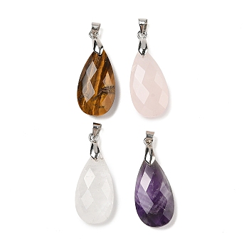 Natural Mixed Gemstone Pendants, with Brass Findings, Faceted, Teardrop Charms, 25x13x7mm, Hole: 5x4mm