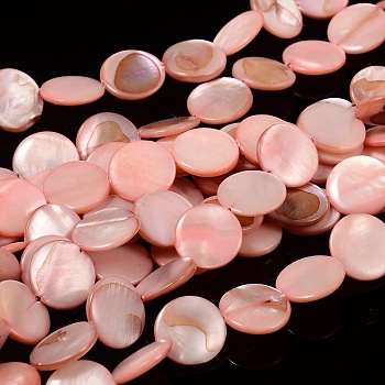 Natural Shell Beads Strands, Dyed, Flat Round, Pink, 14x3mm, Hole: 0.8~1.1mm, 28pcs/strand, 16 inch