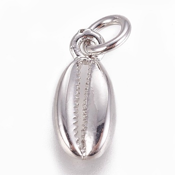 Brass Charms, Cowrie Shell, Platinum, 12.5x6x2mm, Hole: 3mm