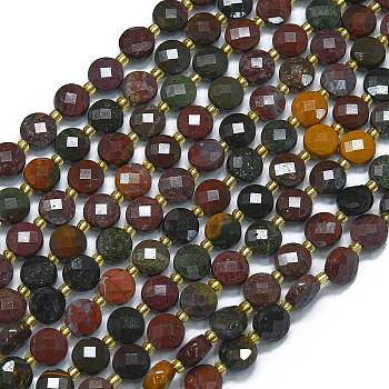 Natural Ocean Jasper Beads Strands, with Seed Beads, Faceted, Flat Round, 6~6.5x4mm, Hole: 1mm, about 50pcs/strand, 15.35''(39cm)