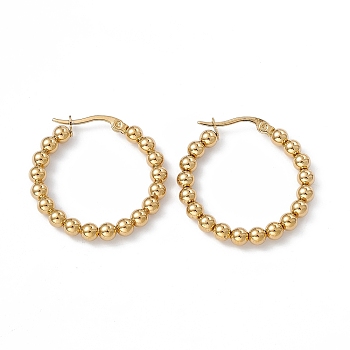 201 Stainless Steel Round Beaded Hoop Earrings with 304 Stainless Steel Pins for Women, Golden, 32x30x4mm, Pin: 0.7~0.8x1~1.5mm