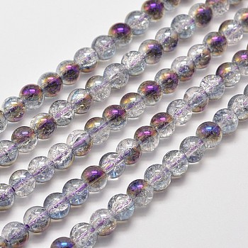 Electroplate Synthetic Crackle Quartz Bead Strands, Round Half Rainbow Plated, Purple, 8mm, Hole: 1mm, about 50pcs/strand, 15.7 inch