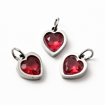 304 Stainless Steel Pendants, with Cubic Zirconia and Jump Rings, Single Stone Charms, Heart, Stainless Steel Color, Crimson, 9x8x3mm, Hole: 3.6mm