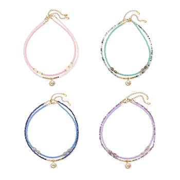 2Pcs 2 Style Alloy Sun with Evil Eye Pendant Necklaces Set, Glass Seed & Natural Gemstone Beaded Stackable Necklaces for Women, 14.96~16.14 inch(38~41cm), 1Pc/style