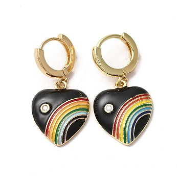 Heart with Rainbow Real 18K Gold Plated Brass Dangle Hoop Earrings, with Cubic Zirconia and Enamel, Black, 34.5x18mm