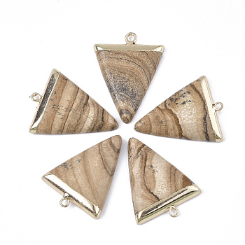 Electroplate Natural Picture Jasper Pendants, with Iron Findings, Triangle, Golden, 30~34x23x5~5.5mm, Hole: 1.6mm