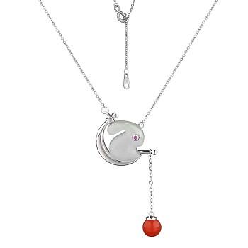 Natural Hetian White Jade Bunny with Lantern Tassel Pendant Necklace, Rhodium Plated 925 Sterling Silver Jewelry for Women, Platinum, 15.75 inch(40cm)